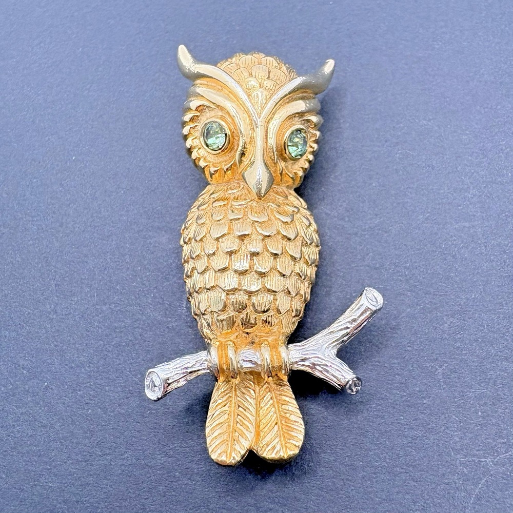 Vintage Castlecliff Owl Green Rhinestone Eyes Brooch MCM Gold Tone Birds Nature